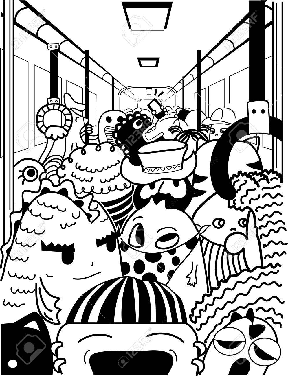995x1300 Doodle Illustration Of Cute Monsters In A Crowded Subway Station