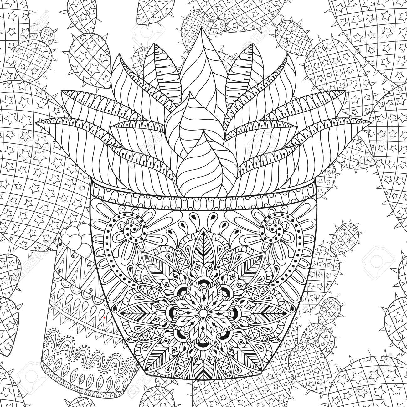 1300x1300 Succulent On Cactus Seamless Pattern.outline Desert Plant
