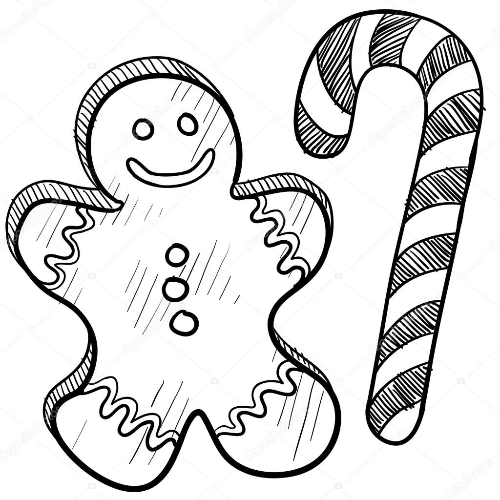 1024x1024 Gingerbread Man And Candy Cane Sketch Stock Vector Lhfgraphics