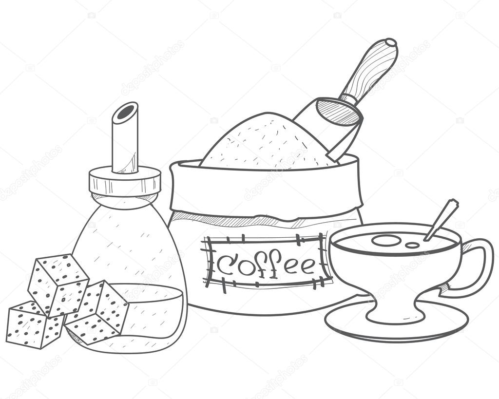 1024x819 Sack Of Coffee Beans, Sugar And Cup Outline Drawing. Stock
