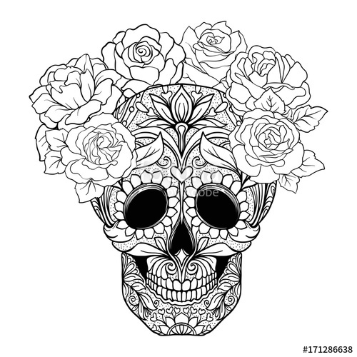 500x500 Sugar Skull With Decorative Pattern And A Wreath Of Red Roses