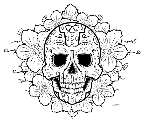 601x503 Sugar Skull With Roses Coloring Pages