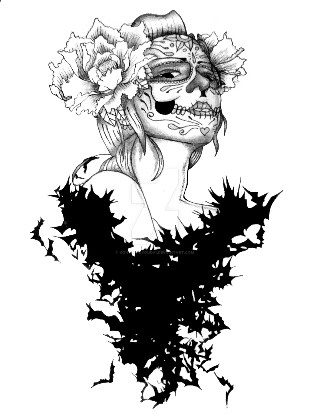 1024x1365 Sugar Skull With Bats Tattoo By Konton Kyoudai