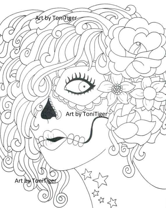 570x713 Instant Digital Download Coloring Page Sugar Skull Girl