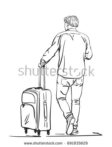 360x470 Vector Sketch Of Man Traveler With Suitcase View From Back, Travel