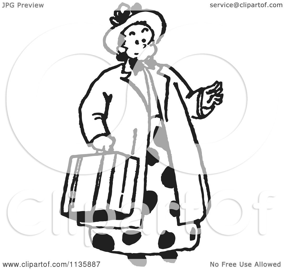 1080x1024 Cartoon Of A Retro Vintage Lady Carrying A Suitcase In Black