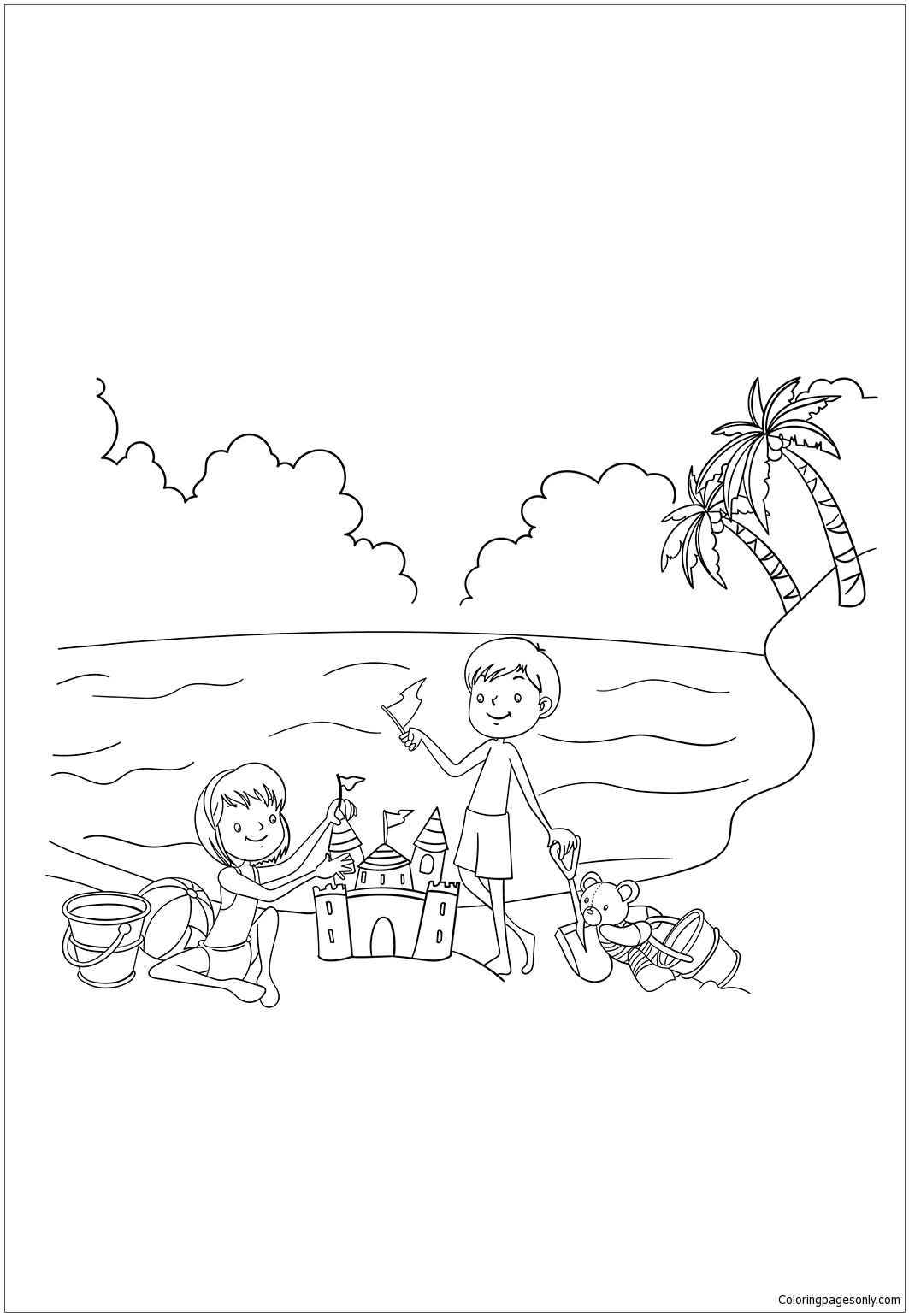 1063x1539 Kids Enjoying In Beach During Summer Coloring Page