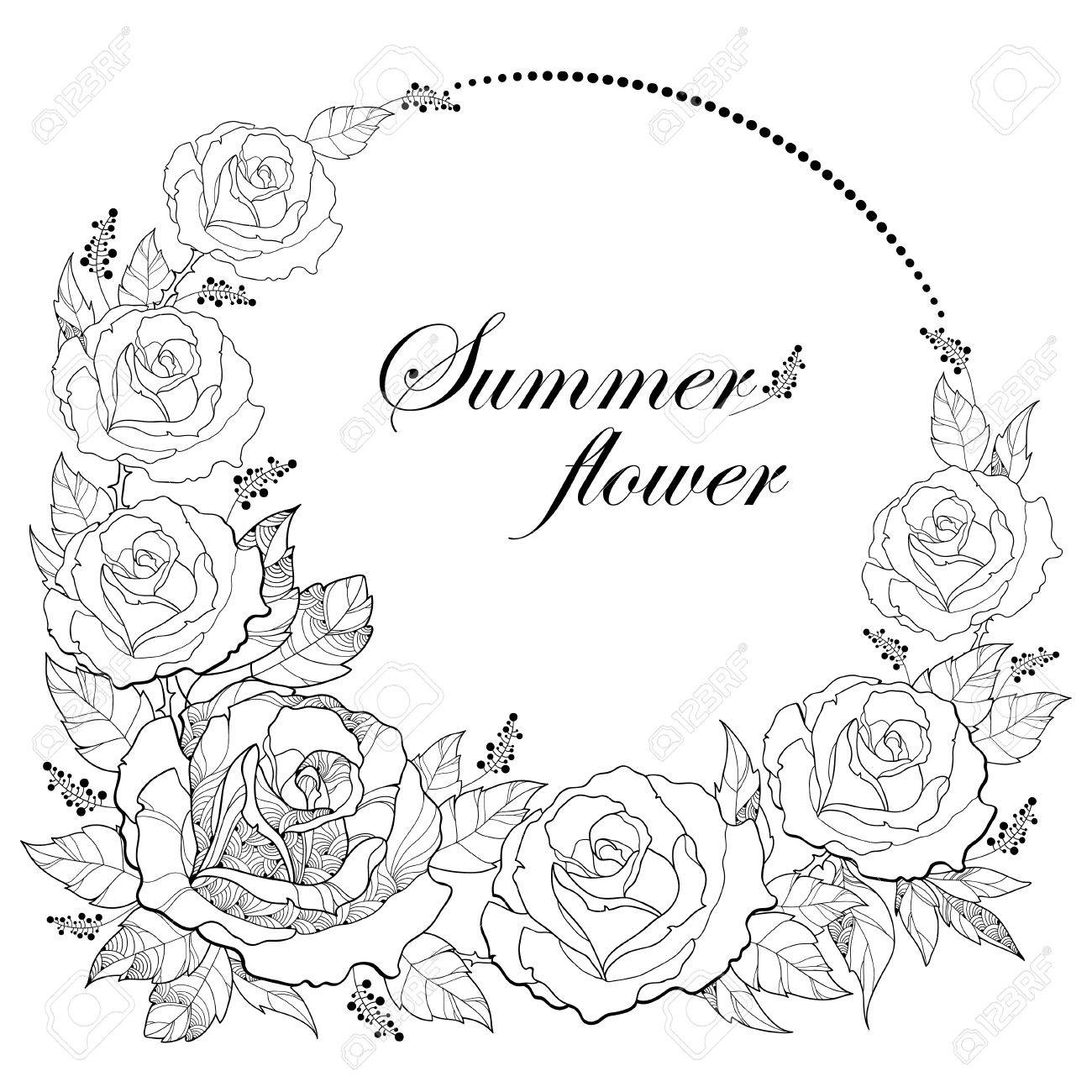 1300x1300 Vector Drawing Of Round Wreath With Outline Rose Flower