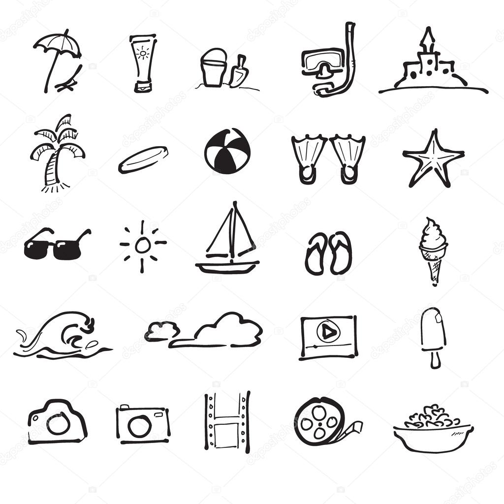 1024x1024 Summer Vacation On Beach Drawing Icons Set Stock Vector