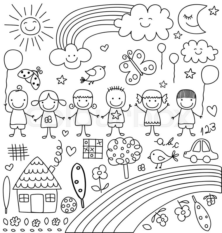 760x800 Kids, Clouds, Sun, Rainbow , Child Like Drawings Elements Set