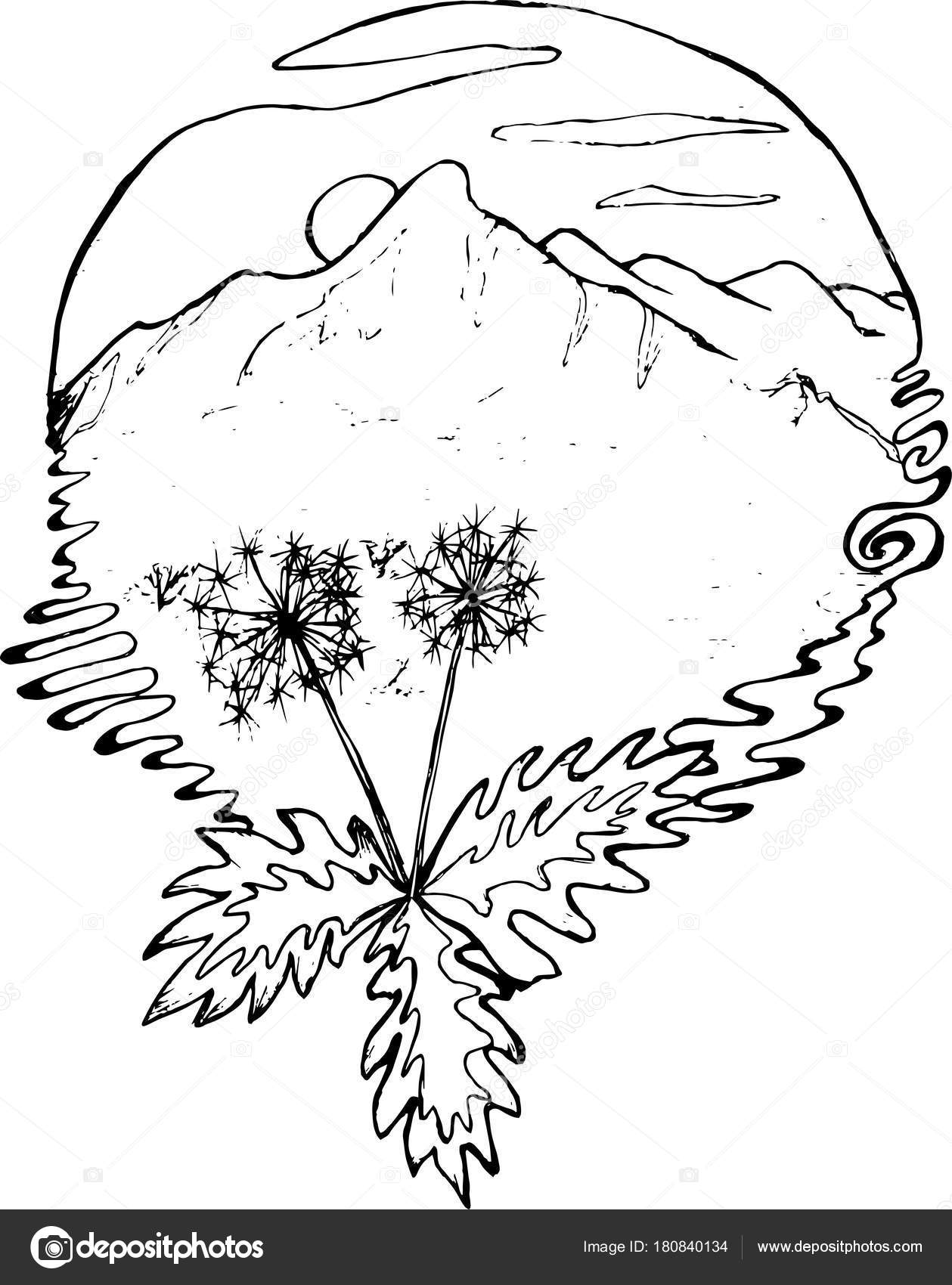 1259x1700 Black And White Drawing Of Mountains, Sun, Clouds, Dandelions