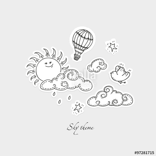 500x500 Cute Doodle Set Of Sky Elements Sun, Clouds, Stars, Bird And Air
