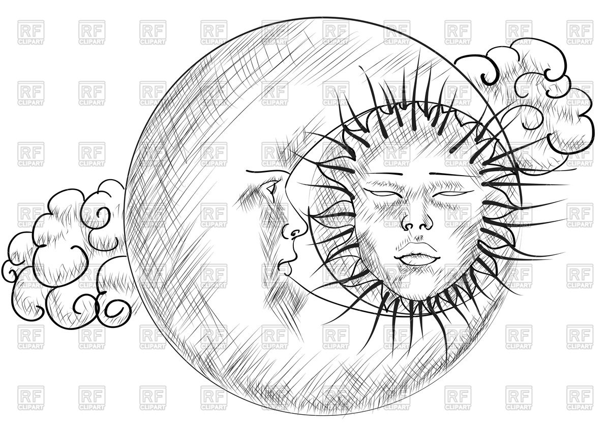 1200x849 Sky With Moon And Sun, Sketch Royalty Free Vector Clip Art Image