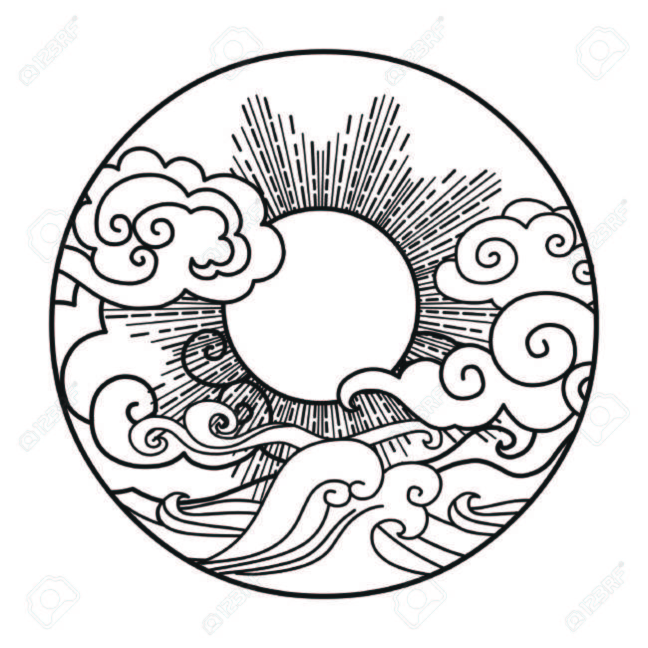 1300x1300 Sun In The Sky Over The Sea. Decorative Graphic Design Element