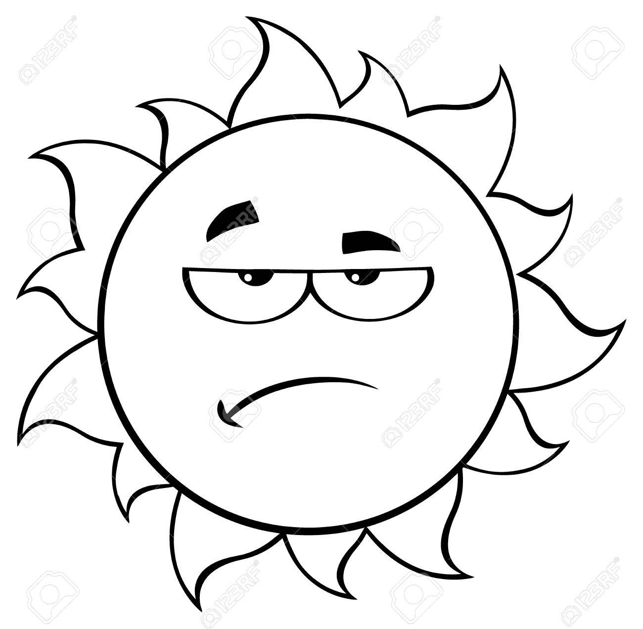 1300x1272 Black And White Grumpy Sun Cartoon Mascot Character. Illustration
