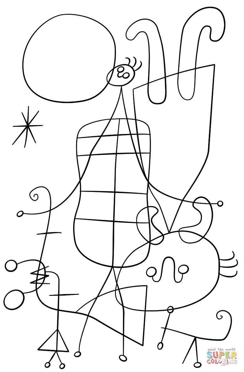 779x1186 Figures And Dog In Front Of The Sun By Joan Miro Coloring Page