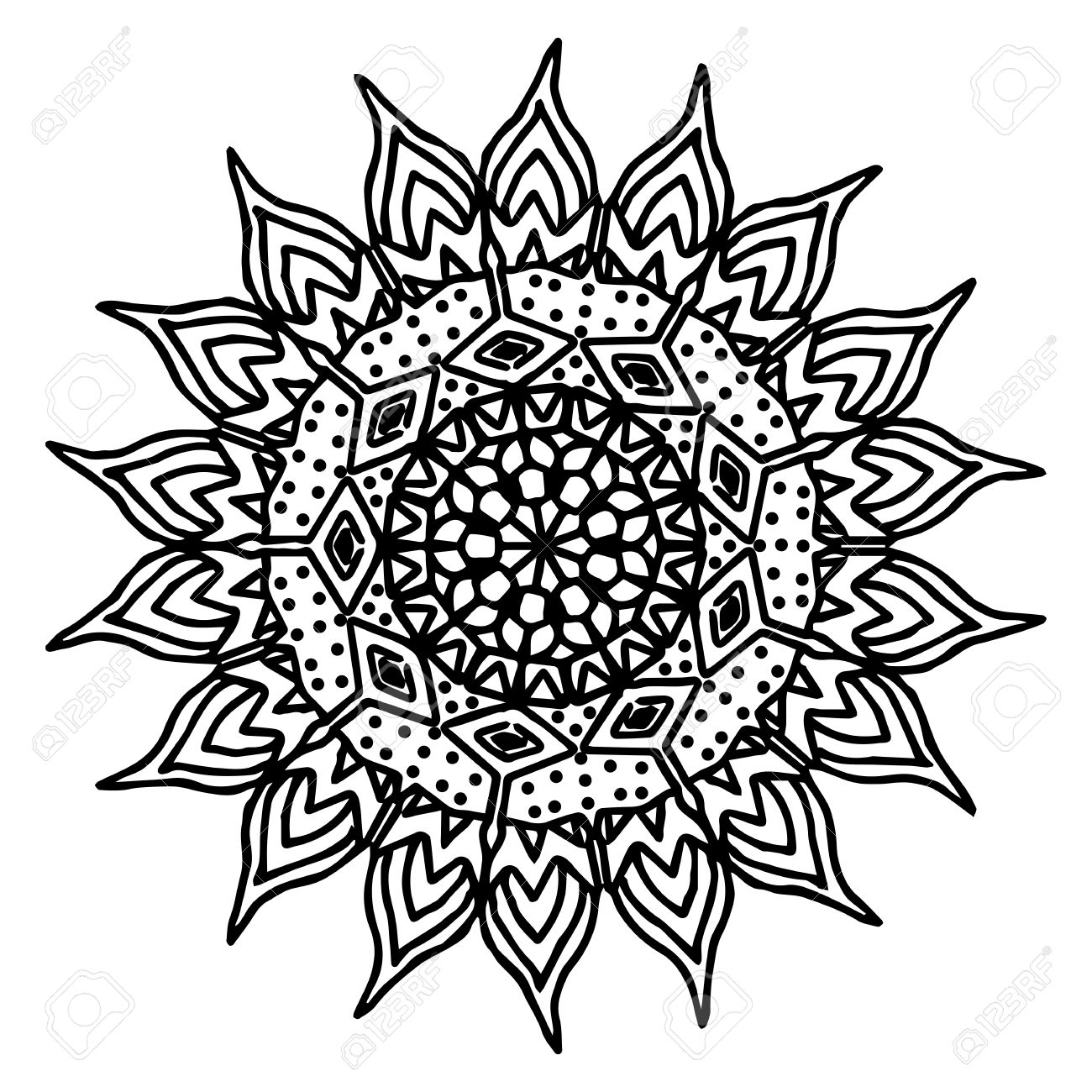 1300x1300 Sun Hand Drawing Doodling Mandala Coloring Page Isolated Royalty
