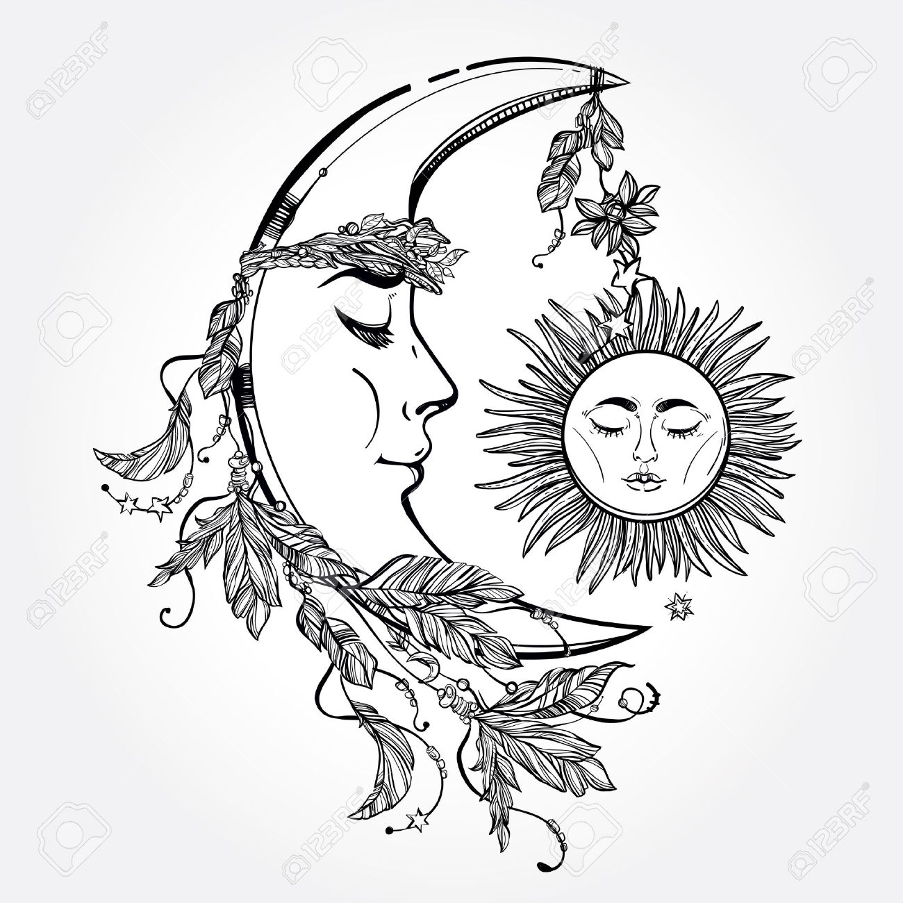 1300x1300 Hand Drawn Crescent Moon With Feathers And In The Crown Of Leaves