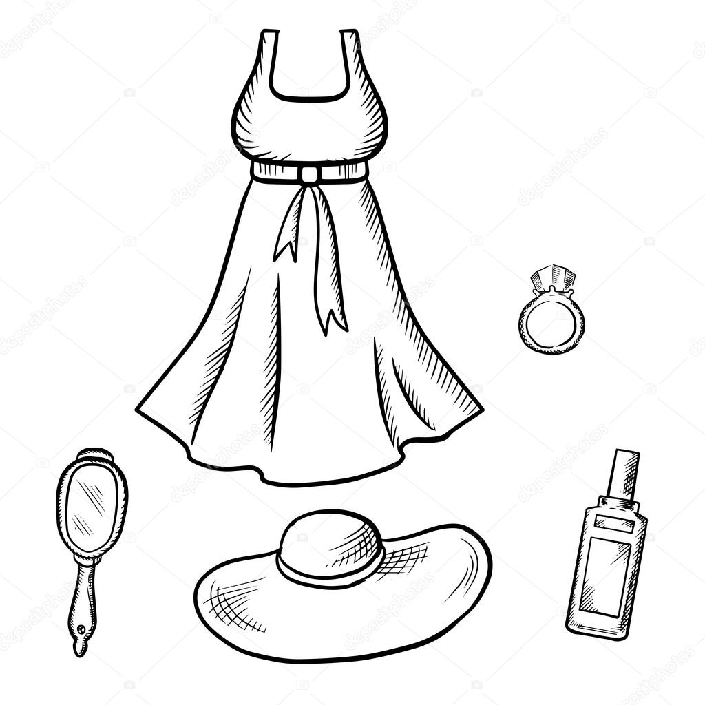 1024x1024 Dress, Sun Hat, Ring, Mirror And Perfume Sketch Stock Vector