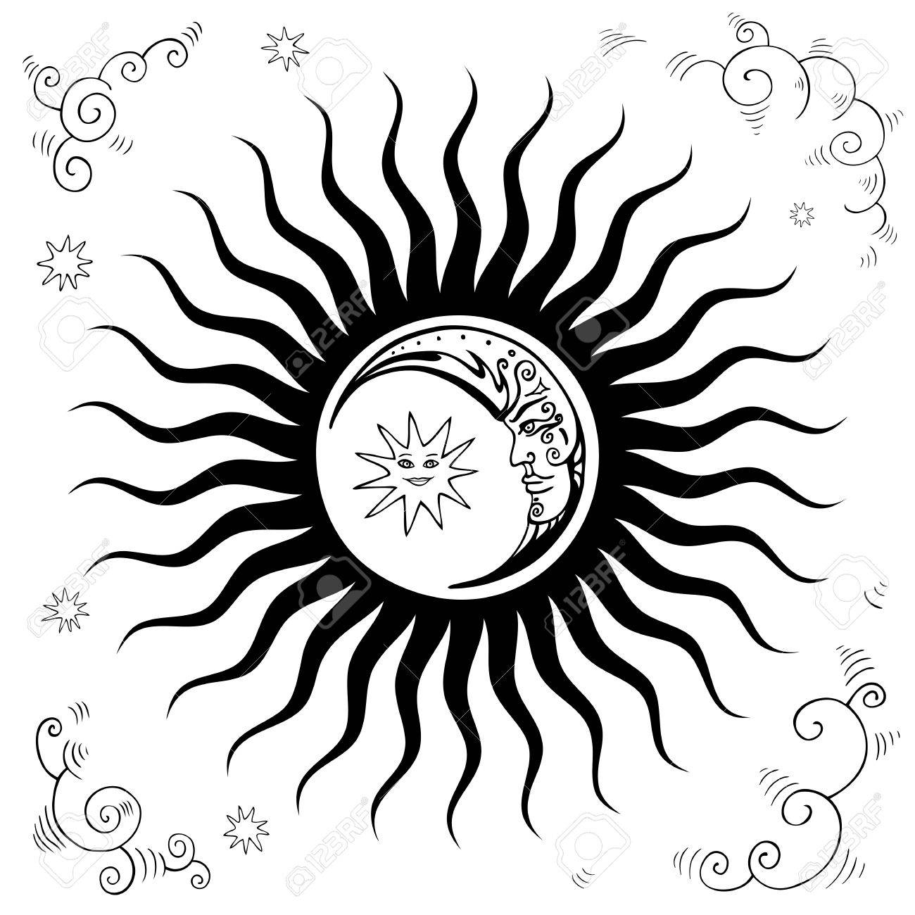 1300x1300 Sky, Sun, Moon, Clouds, Stars Vintage Hand Drawn Vector
