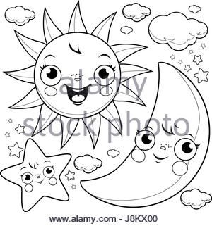 300x321 Coloring Book Illustration With Half Moon And Stars In The Night