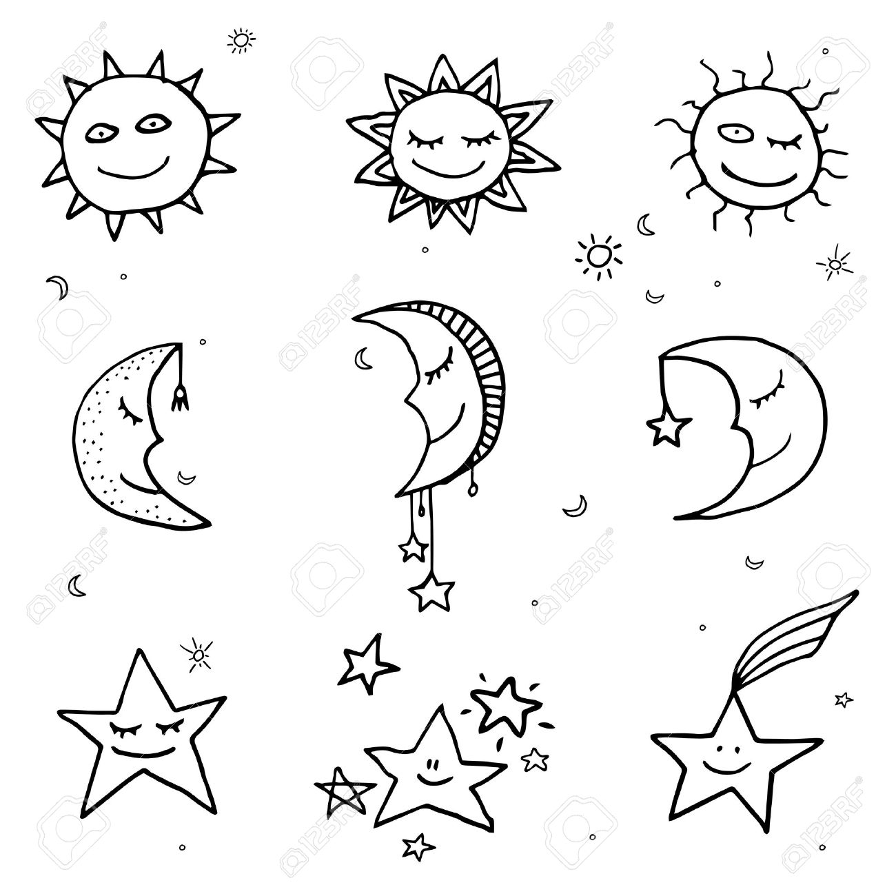 1300x1300 Cute And Funny Sun, Moon And Stars Doodle Icons. Vector Set