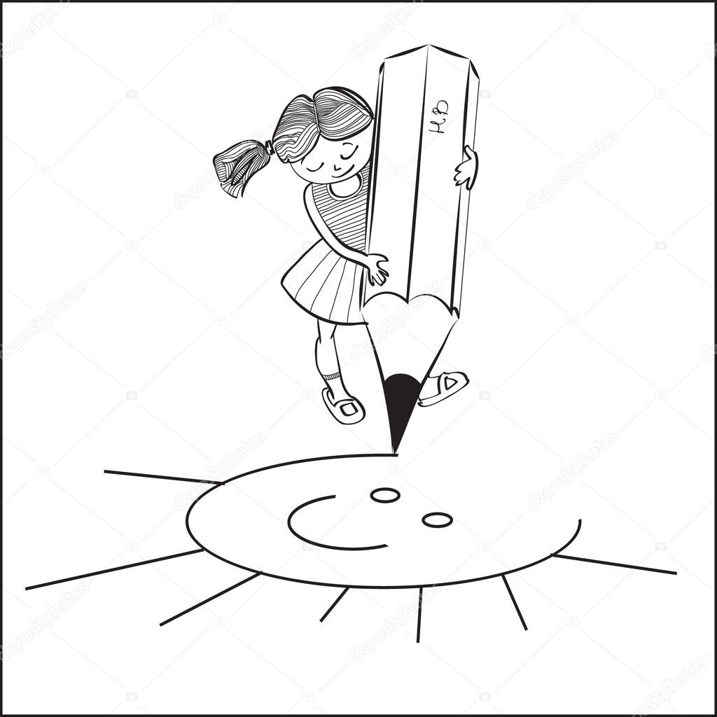 1024x1024 Girl Drawing A Big Pencil Sun. Stock Vector Voron4ihina