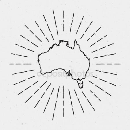 450x450 Vector Australia Map Outline With Retro Sunburst Border Hand Drawn