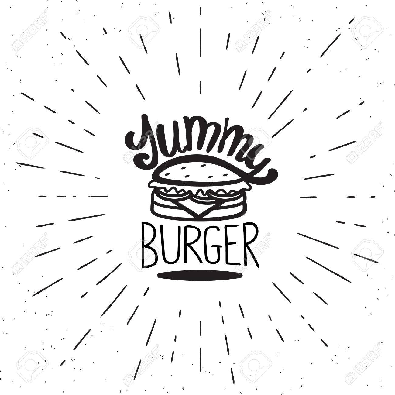 1300x1300 Yummy Burger Vintage Label In Hipster Style With Sunburst. Hand