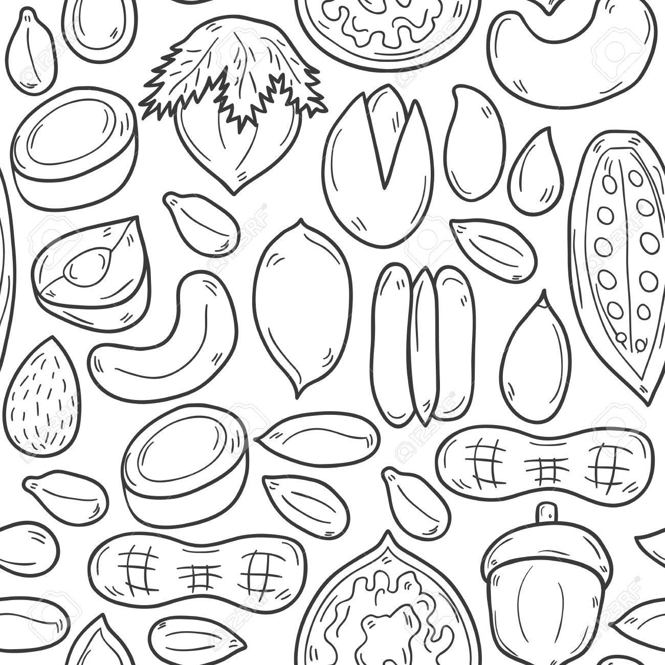 1300x1300 Seamless Background With Cartoon Hand Drawn Objects On Nuts Theme