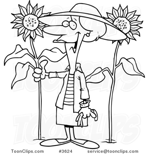 581x600 Cartoon Black And White Line Drawing Of A Green Thumb Lady In Her
