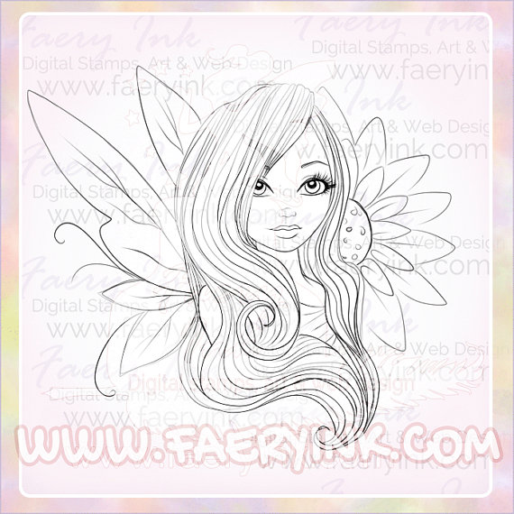 570x570 Shy Fairy Sunflower Girl Uncolored Digital Stamp Image Adult