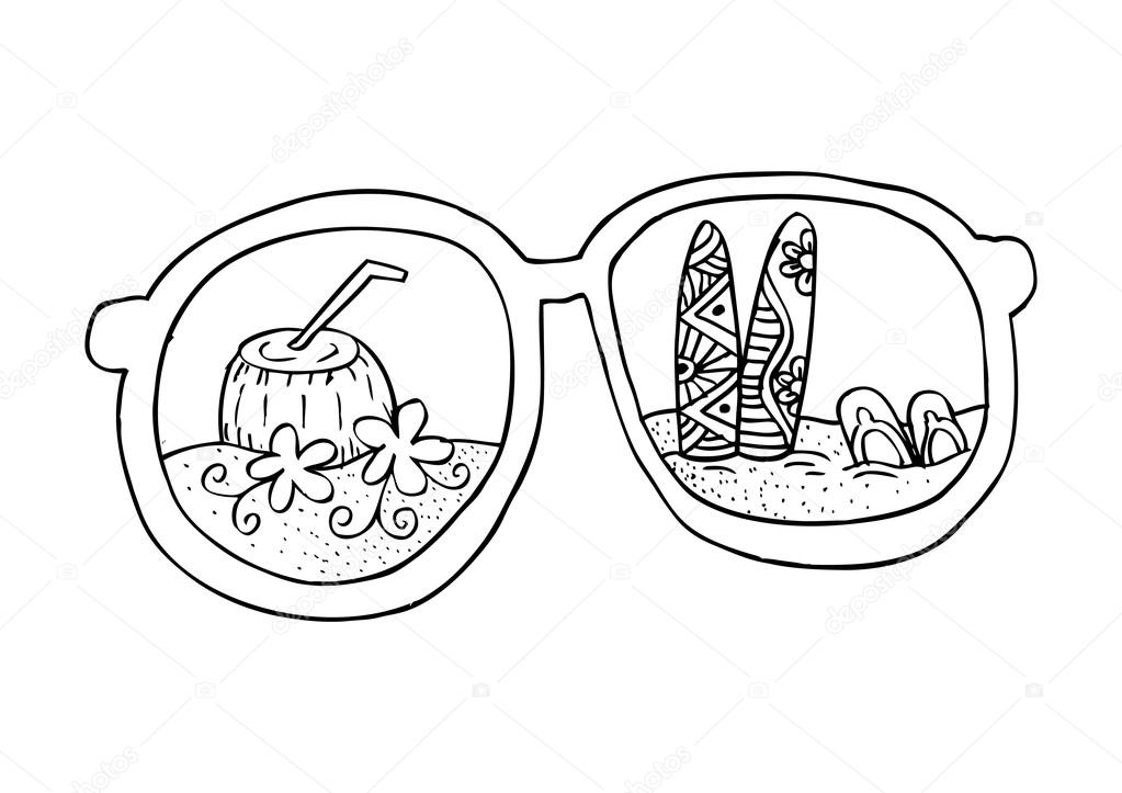 1023x723 Summer Beach, With Sunglasses. Hand Drawing Illustration. Stock