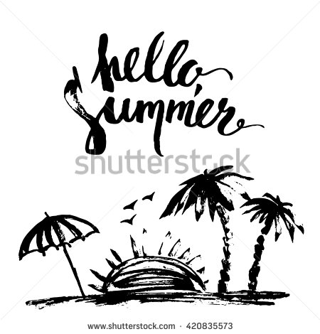 450x470 Hand Drawn Ink Summer Design. Summer Print With Beach Scene, Palm