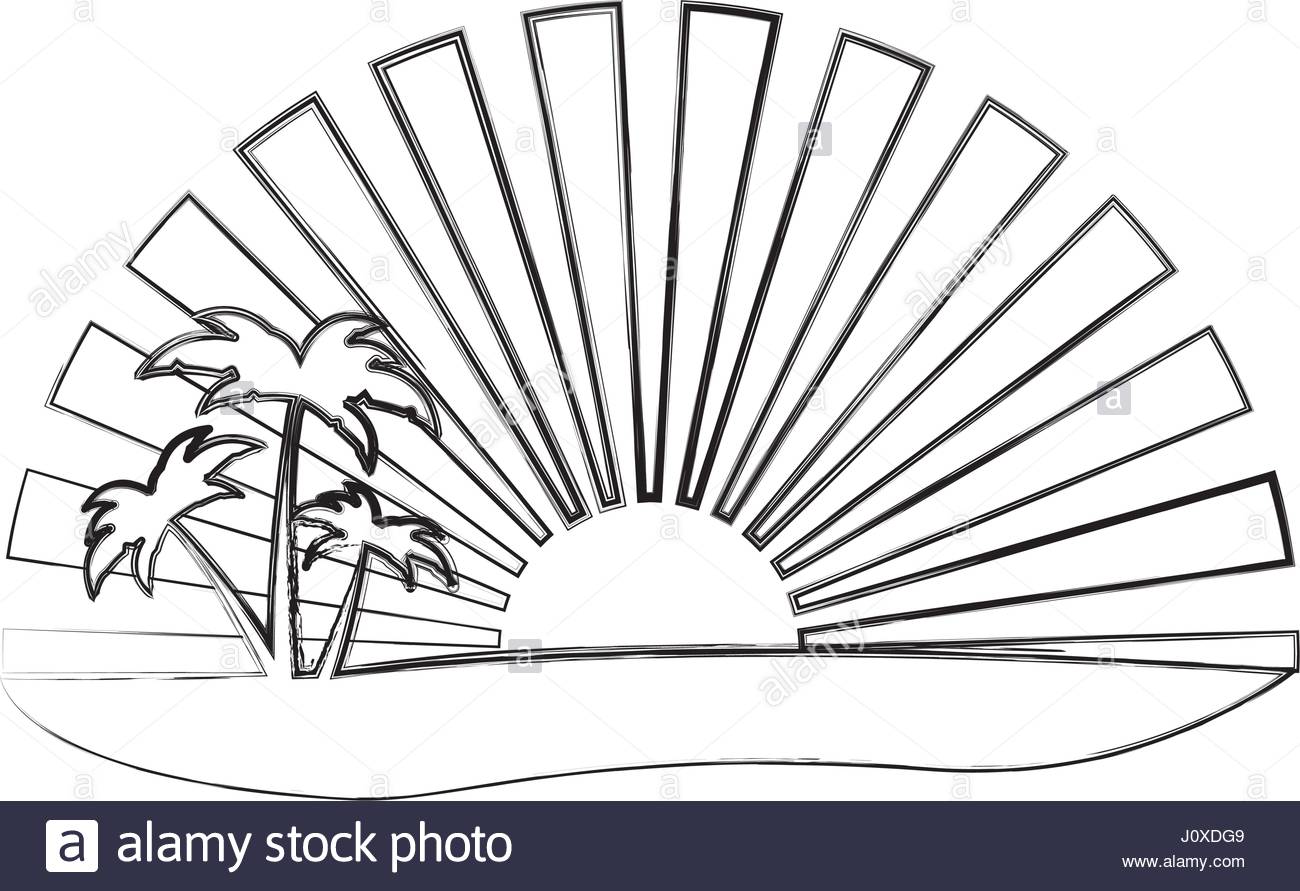 1300x891 Monochrome Contour Of Sunset With Beach And Palms Stock Vector Art