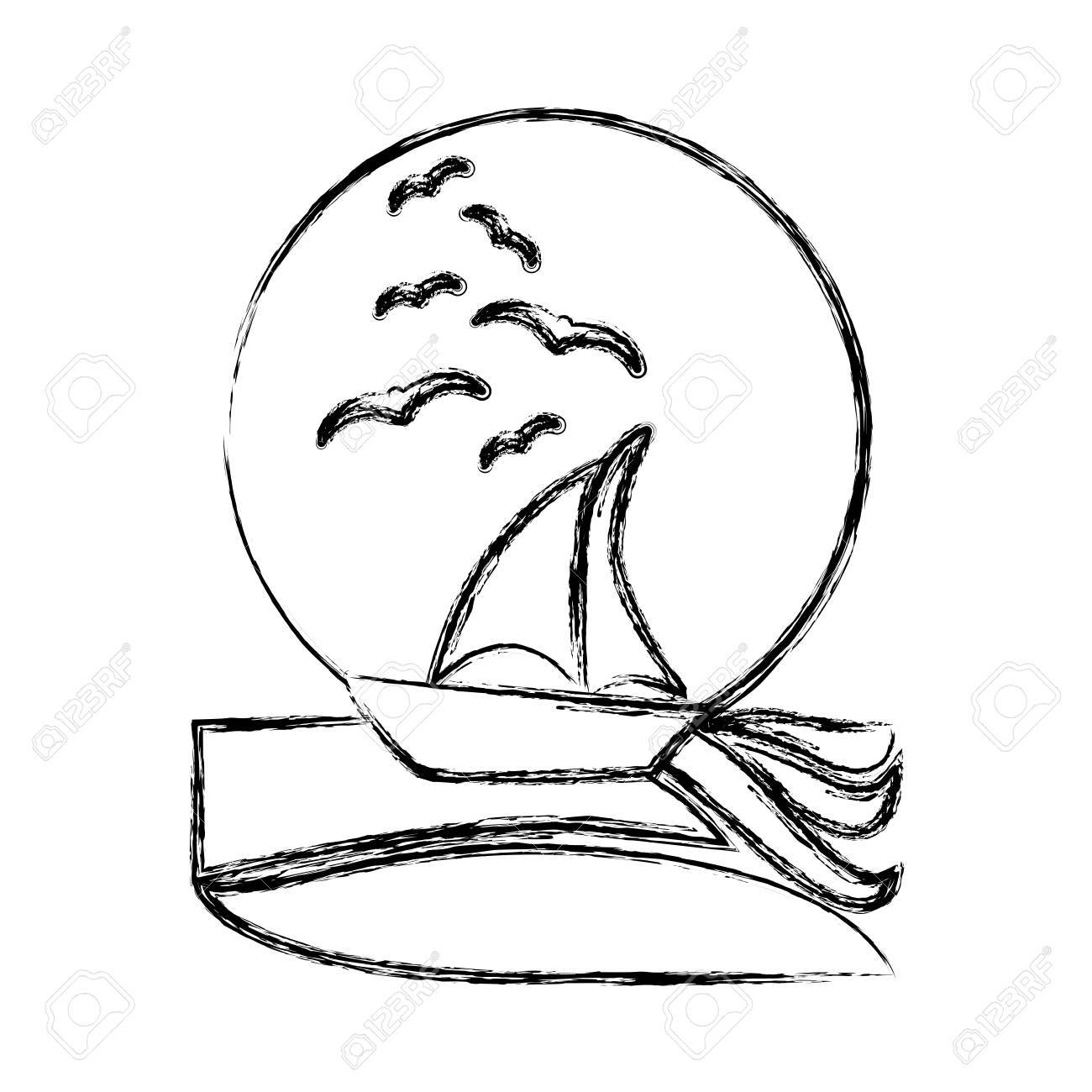 1300x1300 Blurred Silhouette Sunset In The Ocean With Boat And Gulls Vector