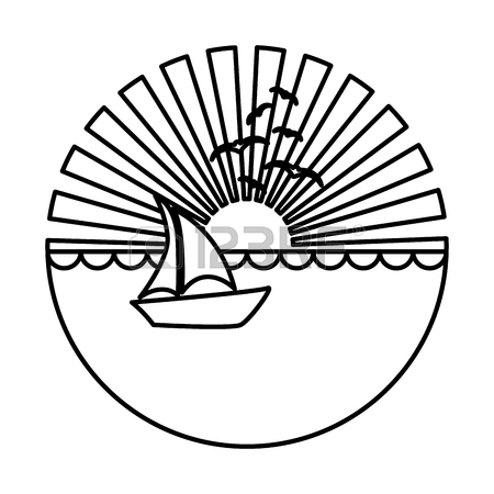 450x450 Blurred Sketch Silhouette Sunset In The Ocean With Boat And Gulls