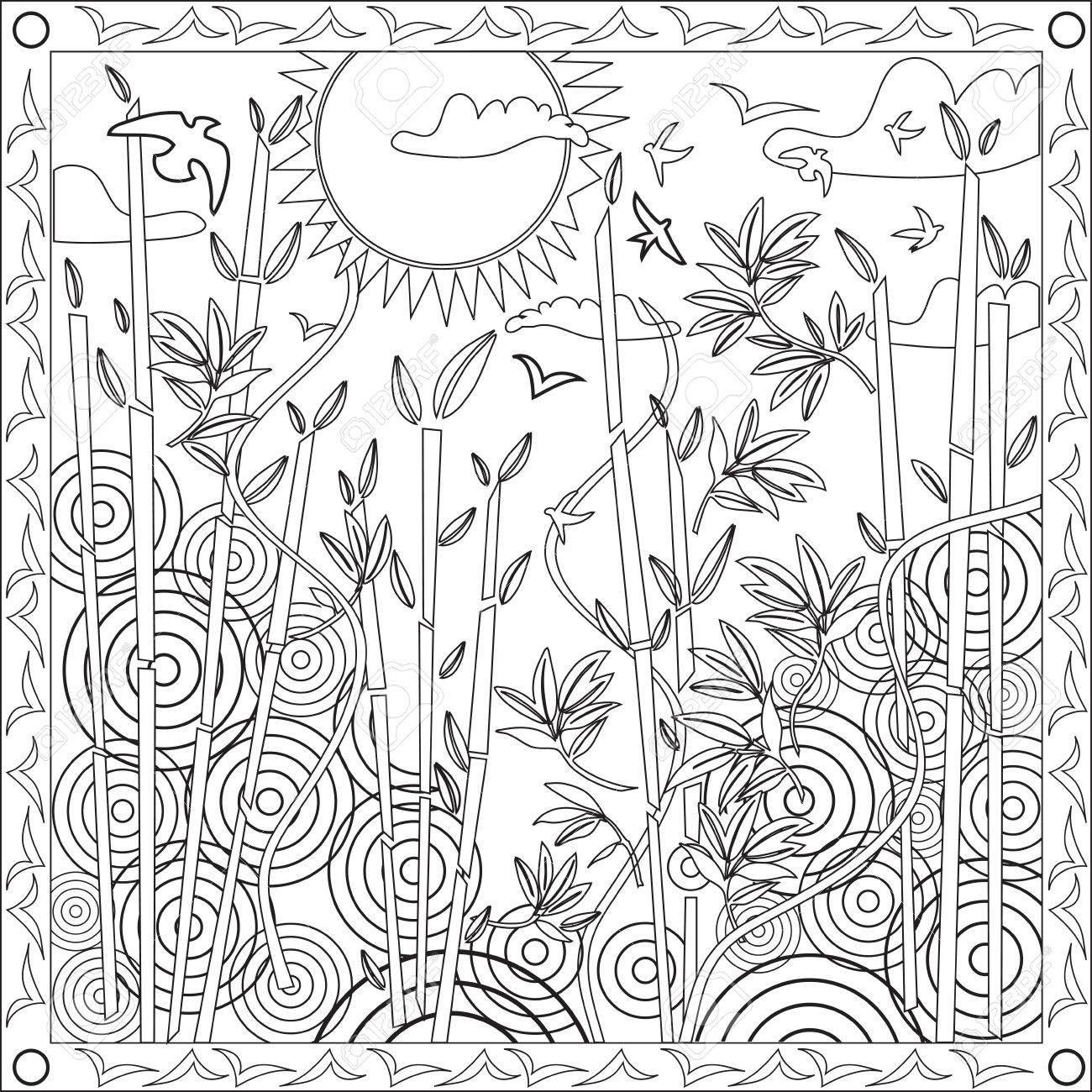 1300x1300 Page Coloring Book For Adults Square Format Japanese Bamboo Design