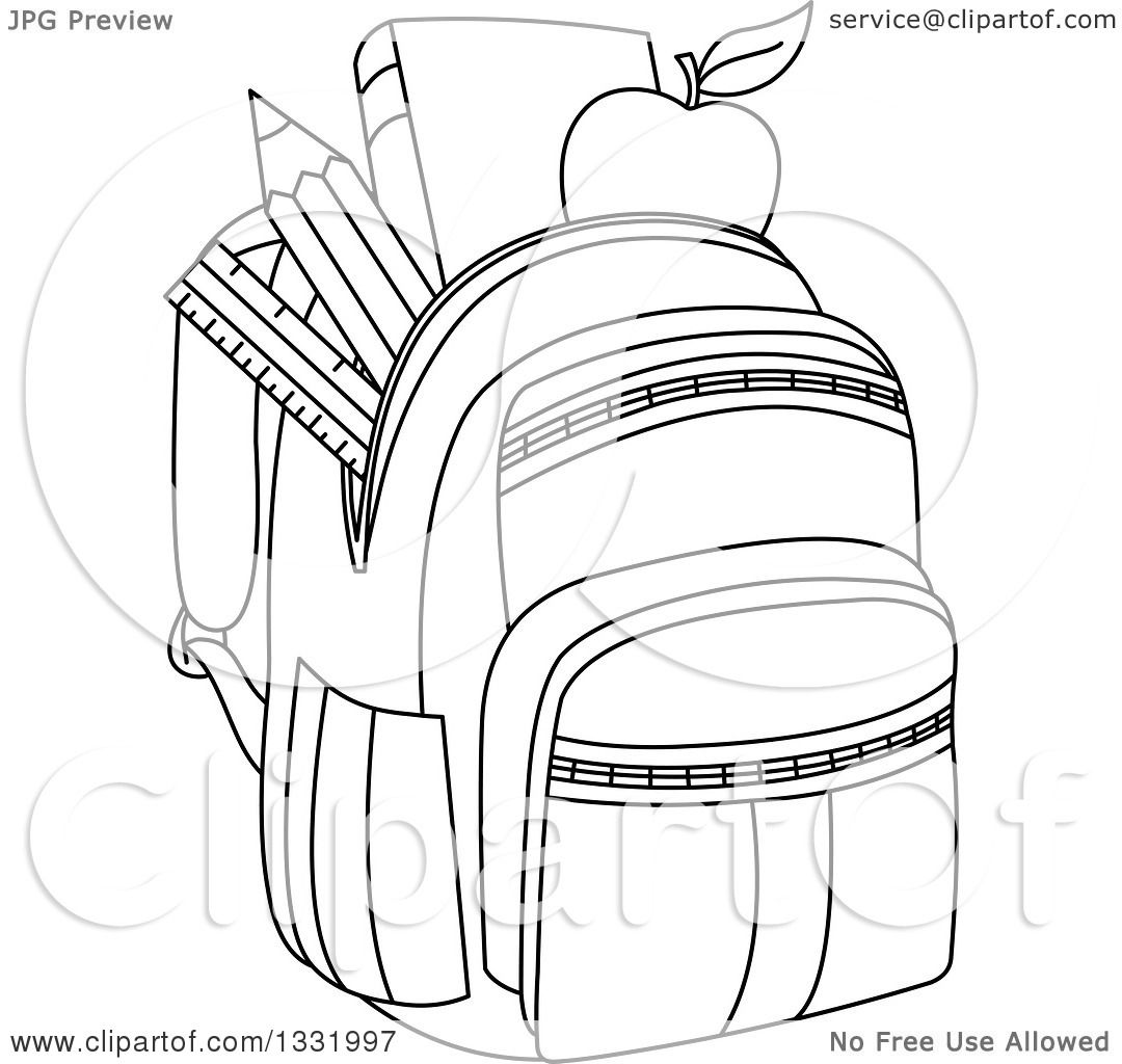 1080x1024 Lineart Clipart Of A Black And White Backpack Stuffed With School