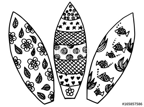 500x371 Illustration Of Colorful Doodle On Surf Board, Hand Drawing Stock