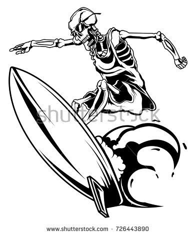 392x470 Stock Vector Monochrome Illustration Of Skeleton On Surfing Board