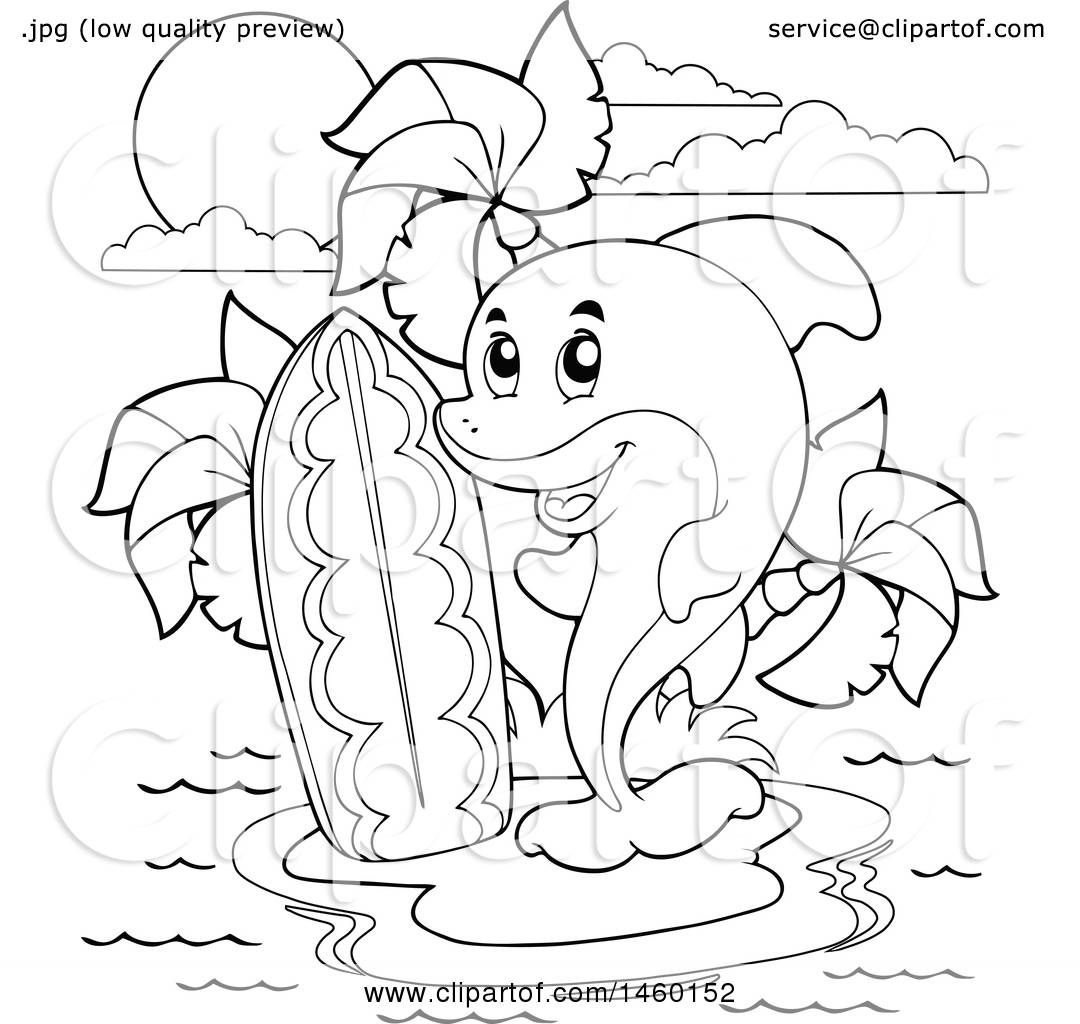 1080x1024 Clipart Of A Black And White Dolphin With A Surfboard On An Island