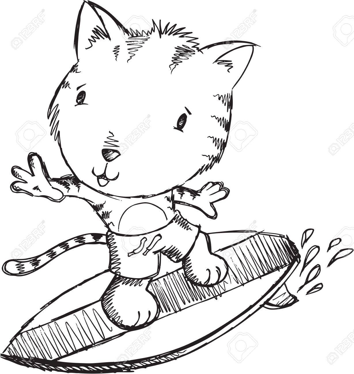 1229x1300 Surfer Tiger Kitten Cat Sketch Doodle Illustration Art Royalty