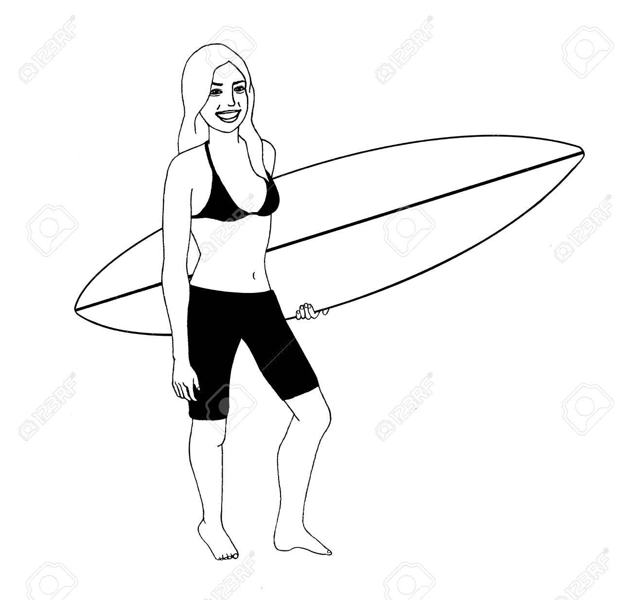 1300x1233 Surfer Girl Illustration In Black And White Stock Photo, Picture