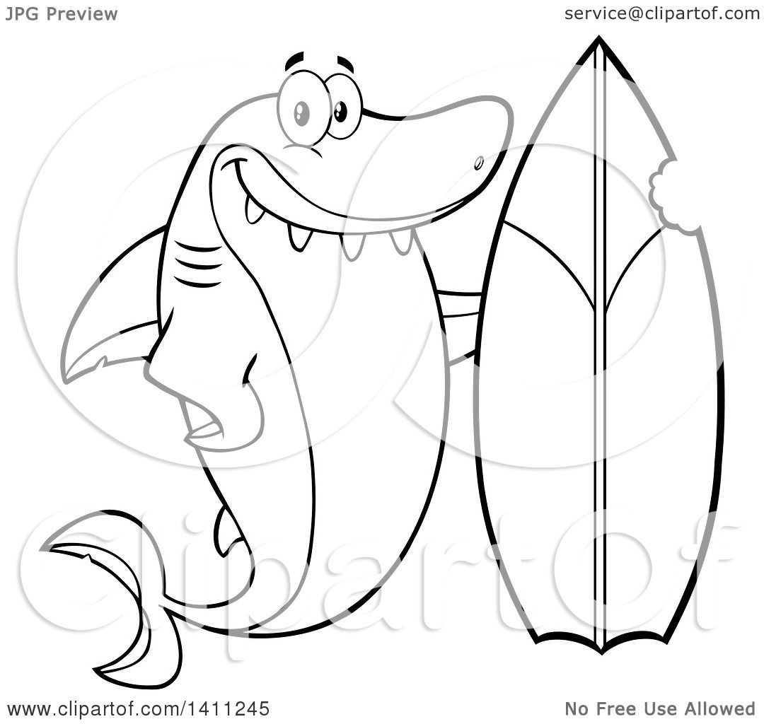 1080x1024 Clipart Of A Black And White Lineart Cartoon Happy Shark Mascot