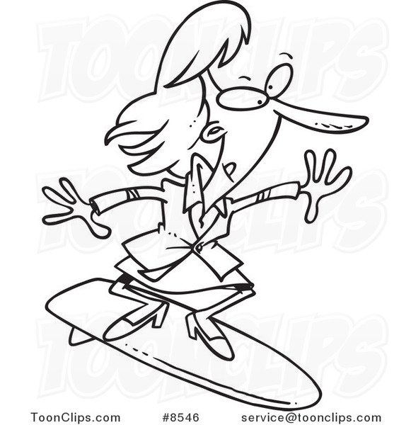 581x600 Cartoon Black And White Line Drawing Of A Business Woman Surfing