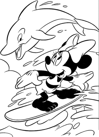 346x480 Minnie Mouse Surfing And Dolphin Jumping Over Coloring Page Free