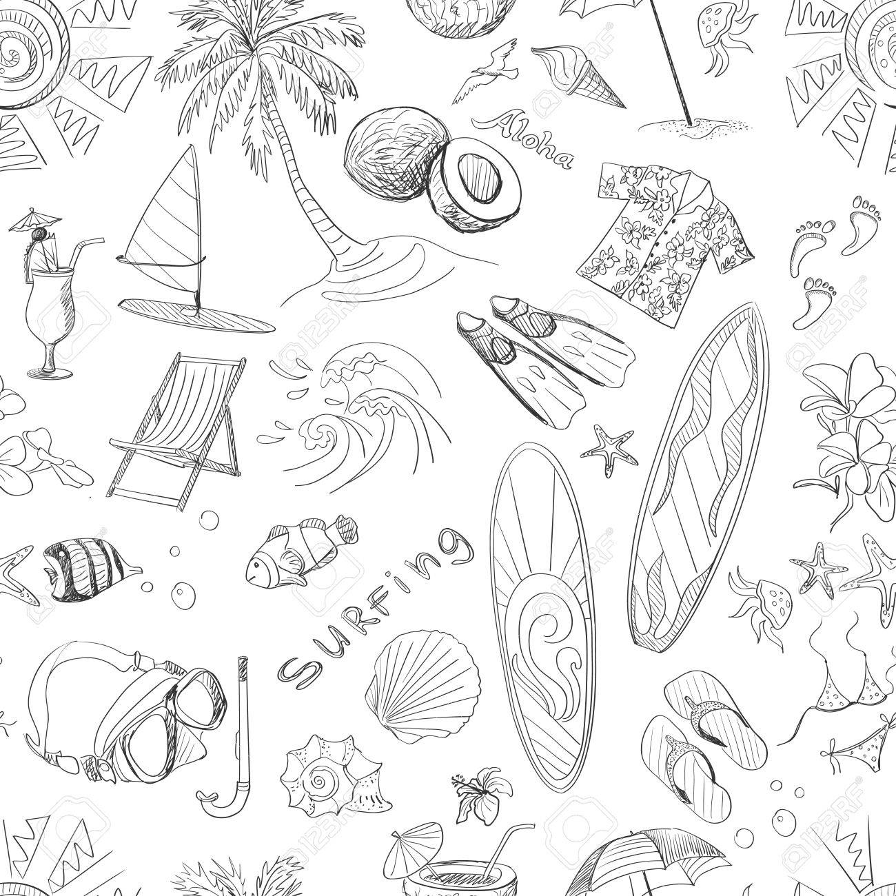1300x1300 Surfing Hand Draw Pattern, Summer Time, Excellent Vector