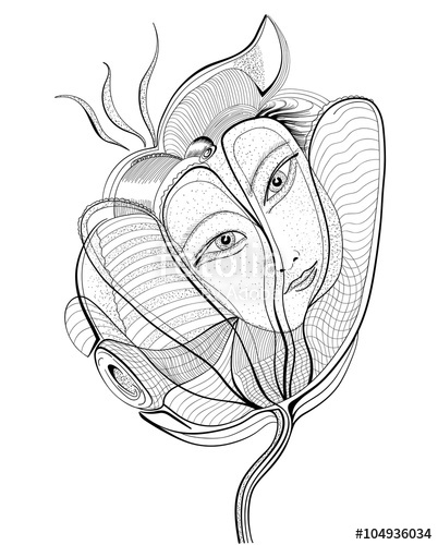 402x500 Surreal Hand Drawing Flower With Female Face. Abstract Graphic