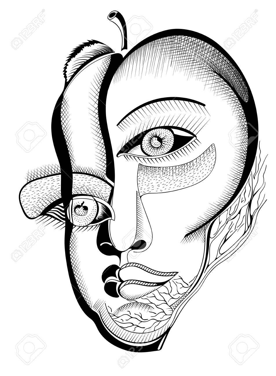 953x1300 Surreal Hand Drawing Faces, Abstract Template With Black Outlines